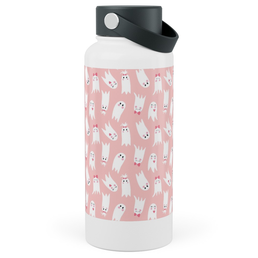 Sweet White Ghosts on Pink Stainless Steel Wide Mouth Water Bottle, 30oz, Wide Mouth, Pink