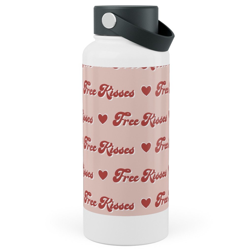 Free Kisses - Retro Hearts - Red on Pink Stainless Steel Wide Mouth Water Bottle, 30oz, Wide Mouth, Pink