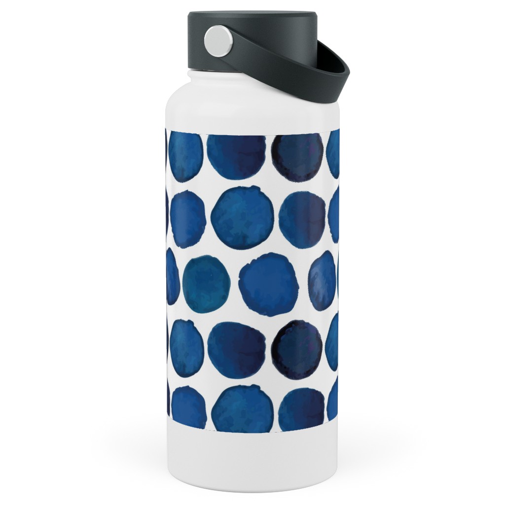 Watercolor Dots - Dark Stainless Steel Wide Mouth Water Bottle, 30oz, Wide Mouth, Blue, True Blue