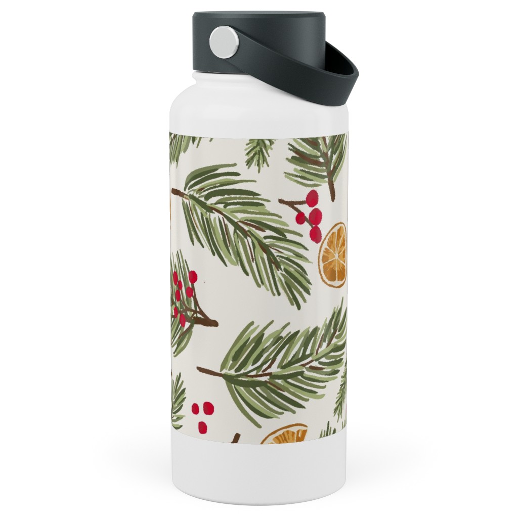 Festive Christmas Pine Sprigs and Orange Slices Stainless Steel Wide Mouth Water Bottle, 30oz, Wide Mouth, Multicolor