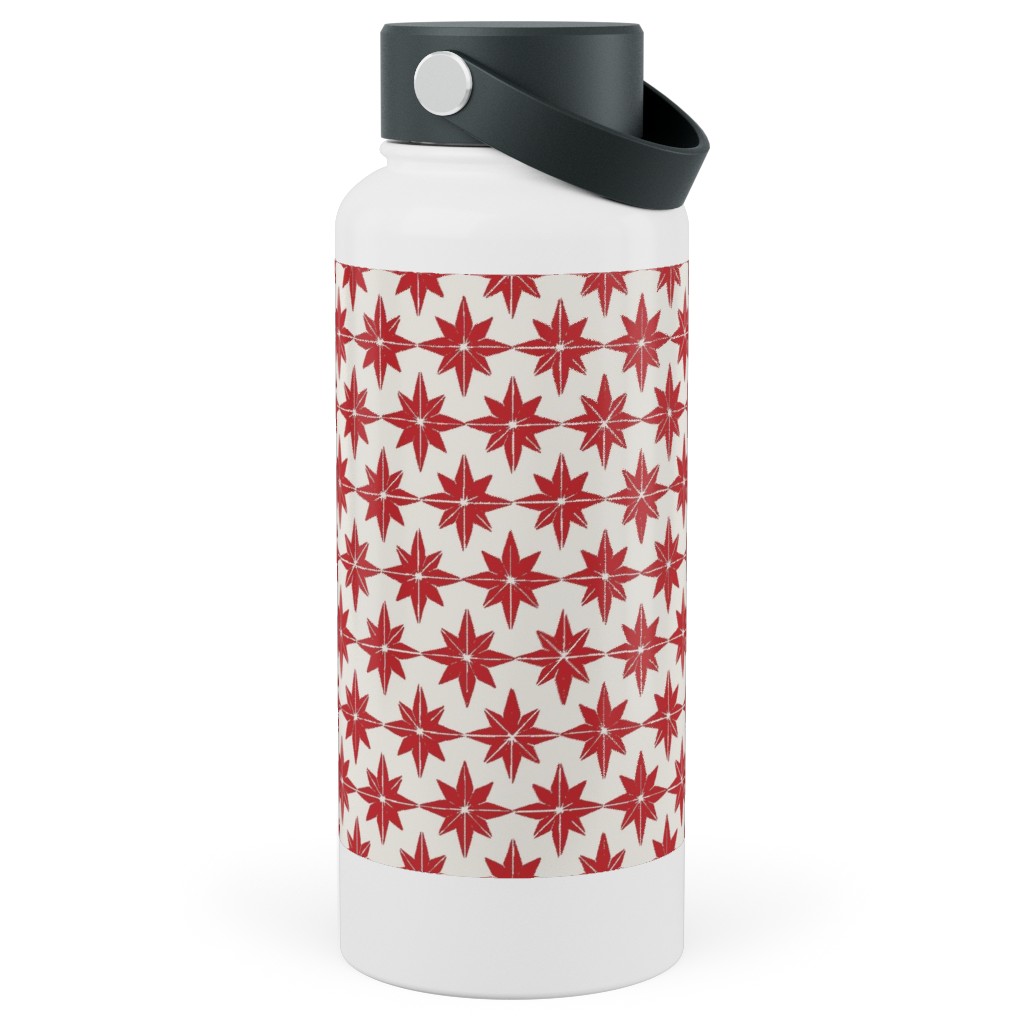 Christmas Star Tiles - Red on White Stainless Steel Wide Mouth Water Bottle, 30oz, Wide Mouth, Red, Red