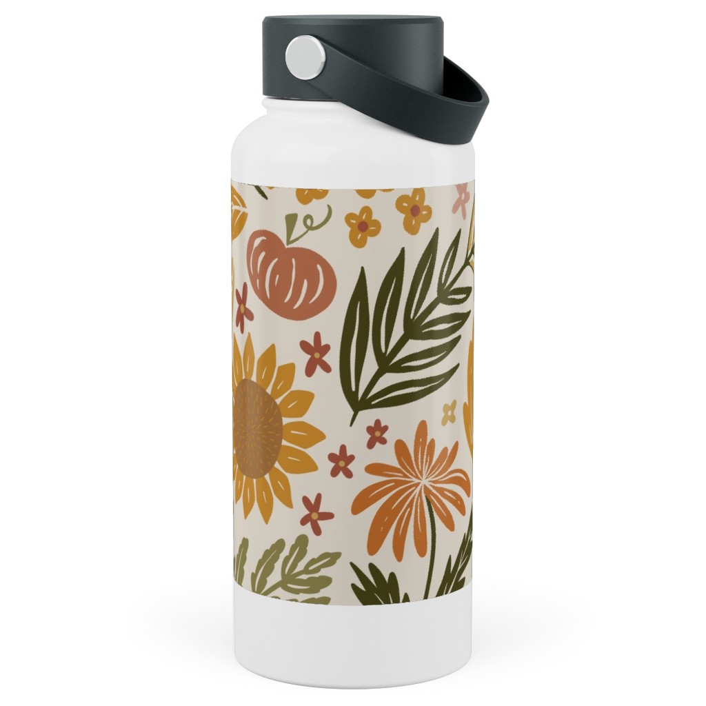 Autumn Botanicals - Leaves, Acorns, Sunflowers, Ferns, Mums, Pinecones, Mushrooms - Light Stainless Steel Wide Mouth Water Bottle, 30oz, Wide Mouth, Multicolor