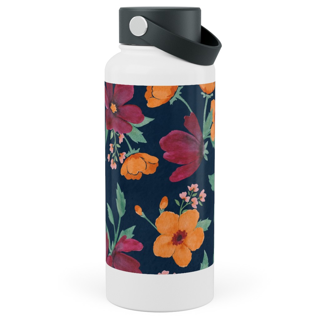 Watercolor Autumn Florals - Navy Stainless Steel Wide Mouth Water Bottle, 30oz, Wide Mouth, Multicolor