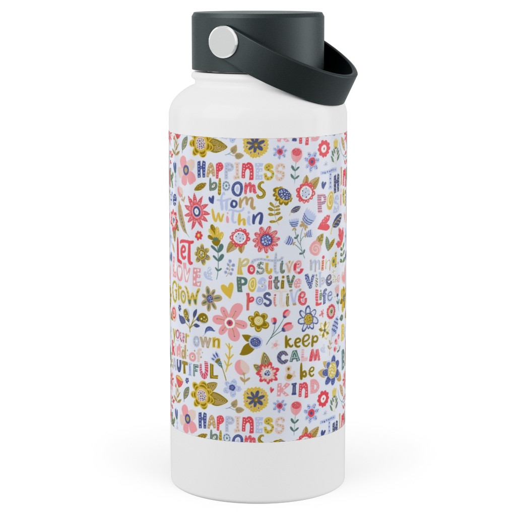 Positive Vibes - Motivational Sayings Floral - Multi Stainless Steel Wide Mouth Water Bottle, 30oz, Wide Mouth, Multicolor