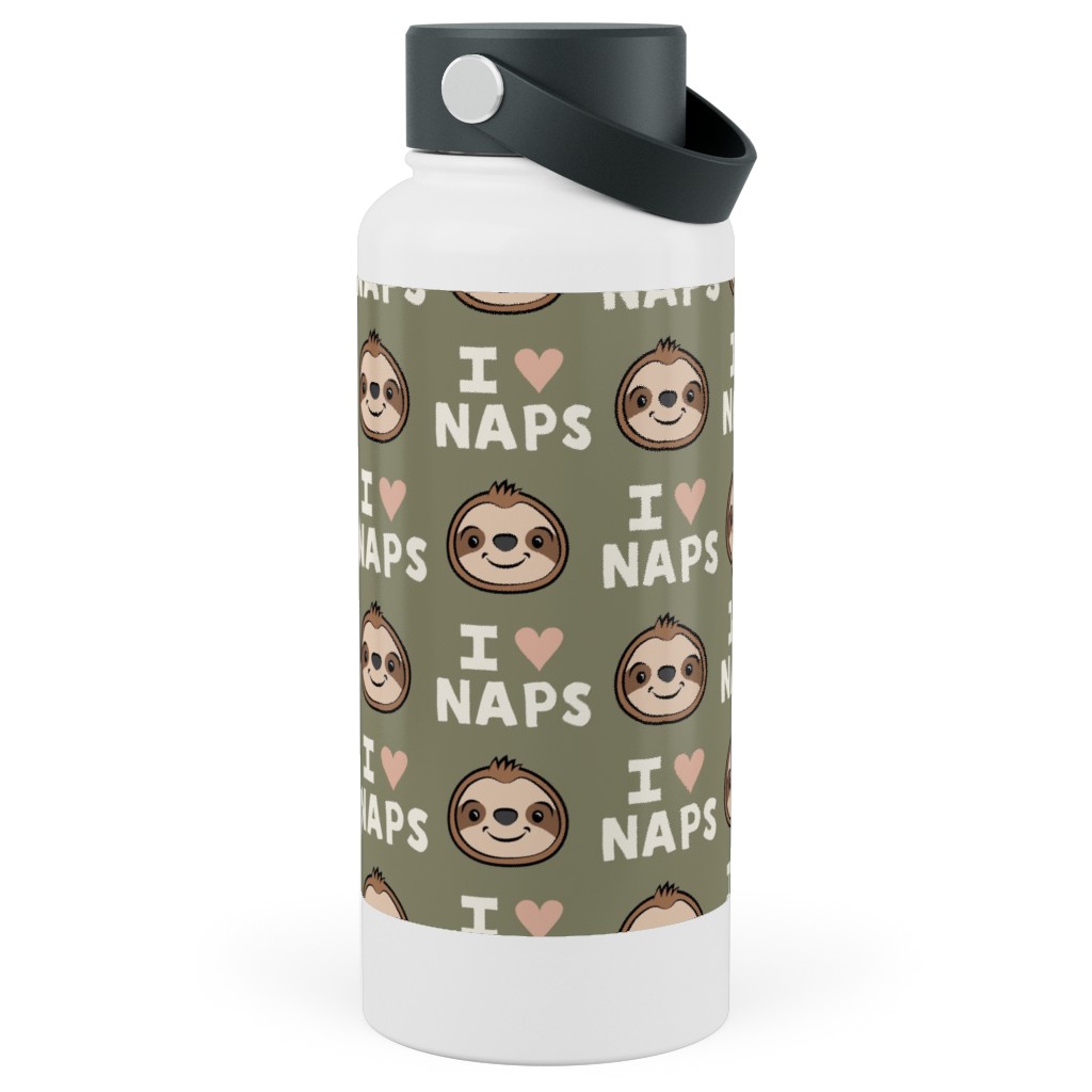 I Heart Naps - Cute Sloths - Olive Green Stainless Steel Wide Mouth Water Bottle, 30oz, Wide Mouth, Green, Classic Green
