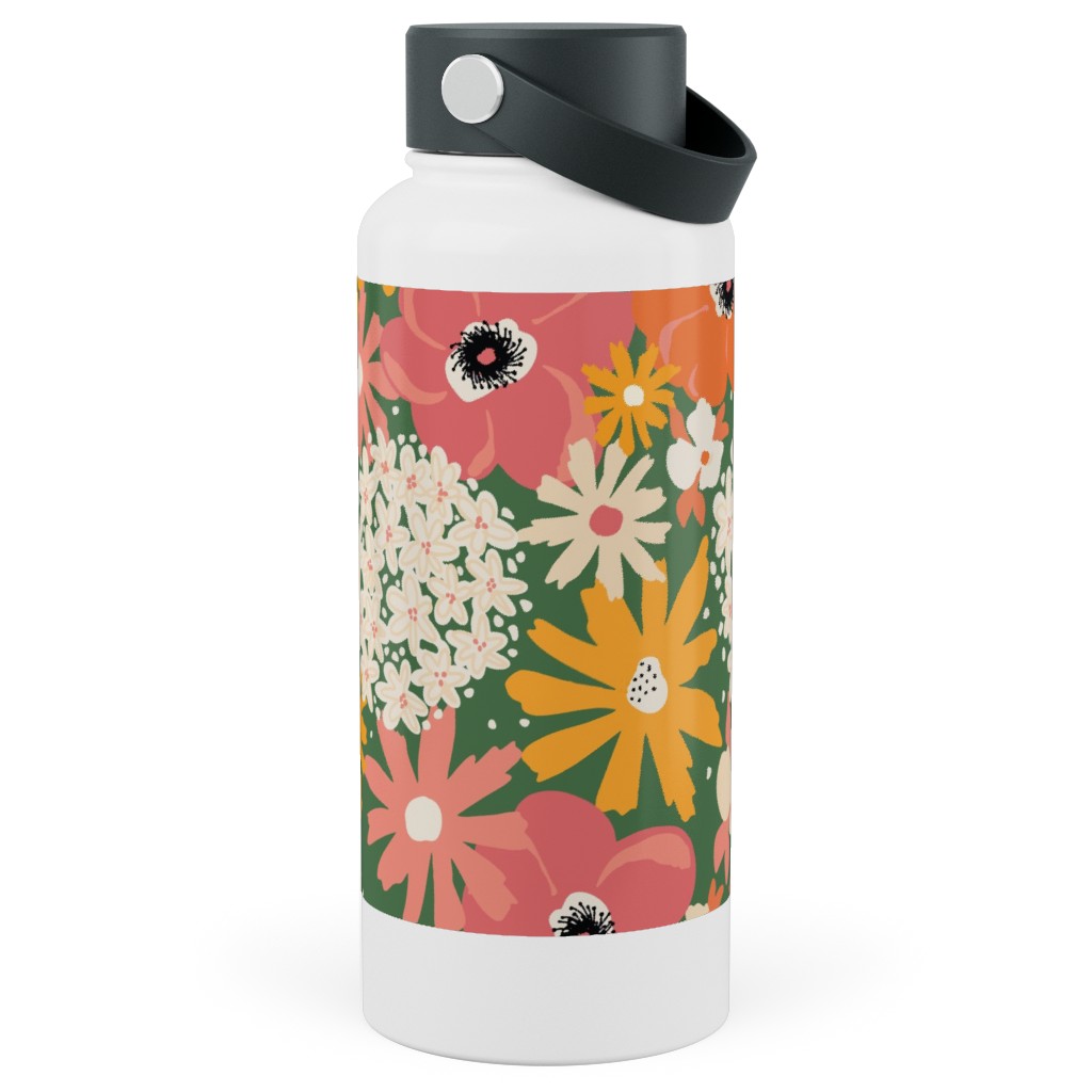 Summer Florals - Green Pink White and Orange Stainless Steel Wide Mouth Water Bottle, 30oz, Wide Mouth, Multicolor