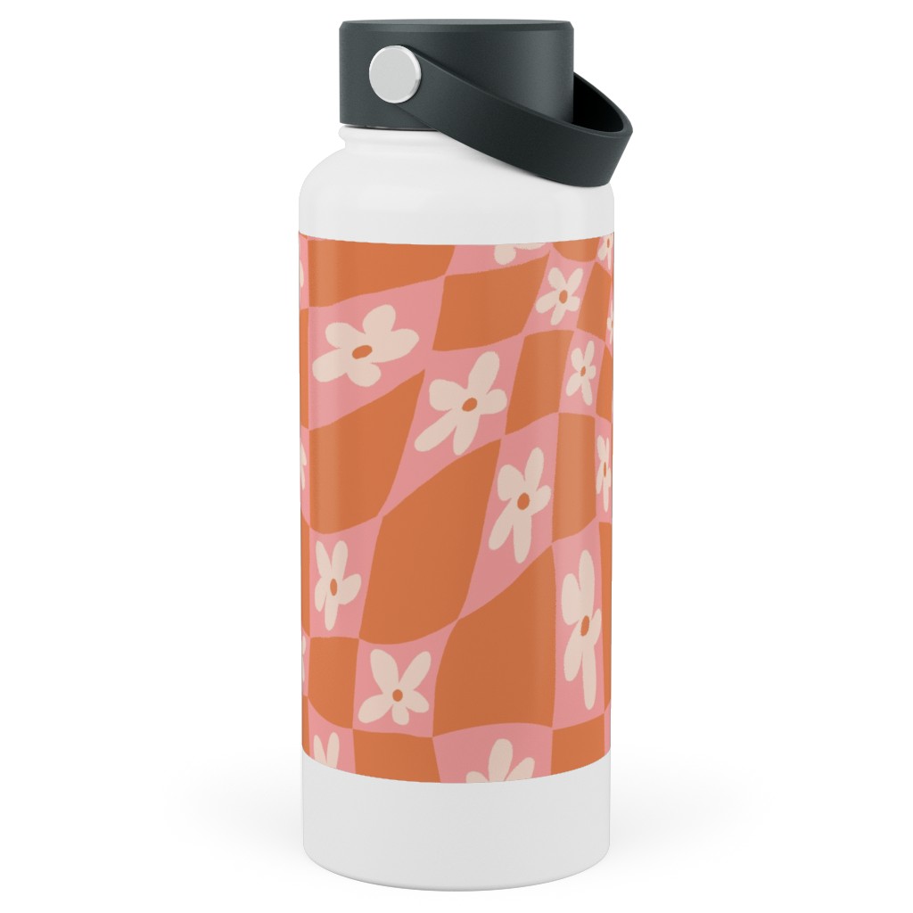 Trippy Chamomile - Floral - Orange and Pink Stainless Steel Wide Mouth Water Bottle, 30oz, Wide Mouth, Orange