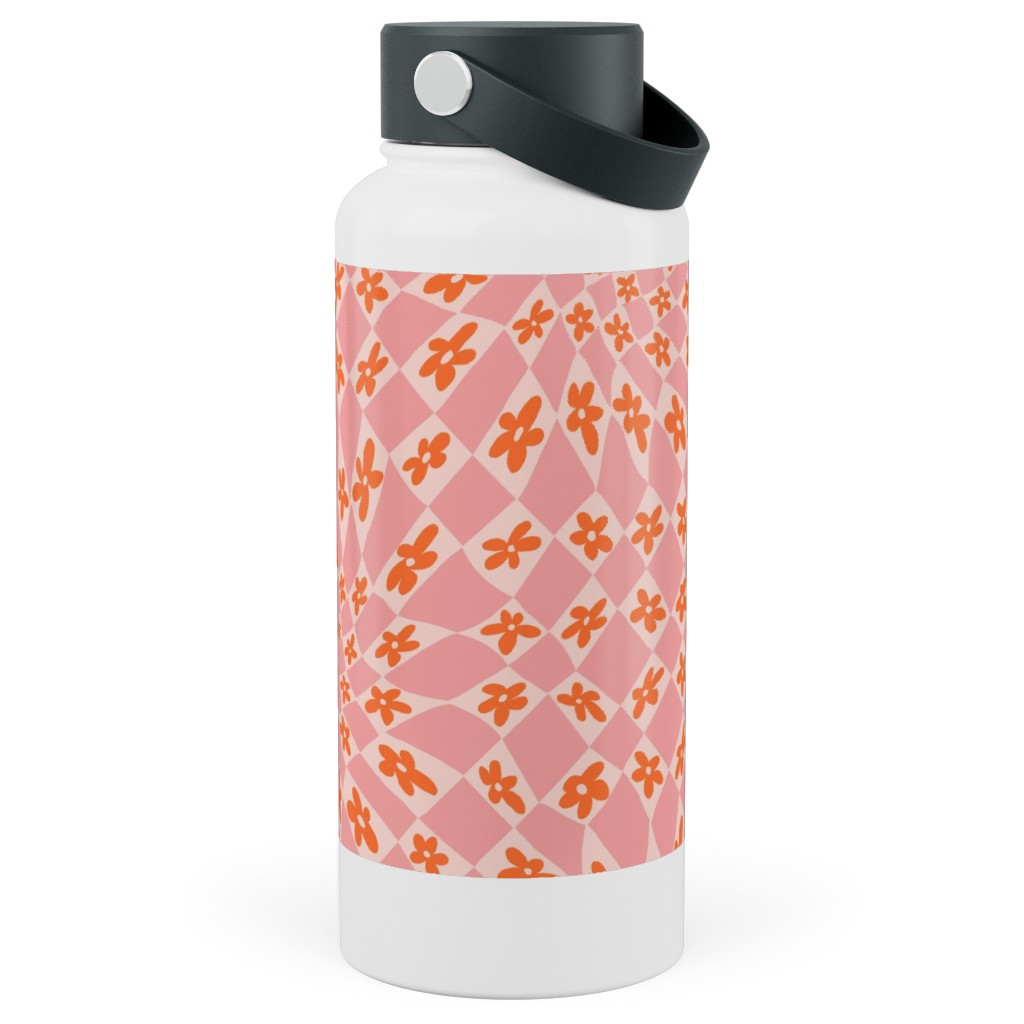 Trippy Checker - Floral - Pink and Orange Stainless Steel Wide Mouth Water Bottle, 30oz, Wide Mouth, Pink