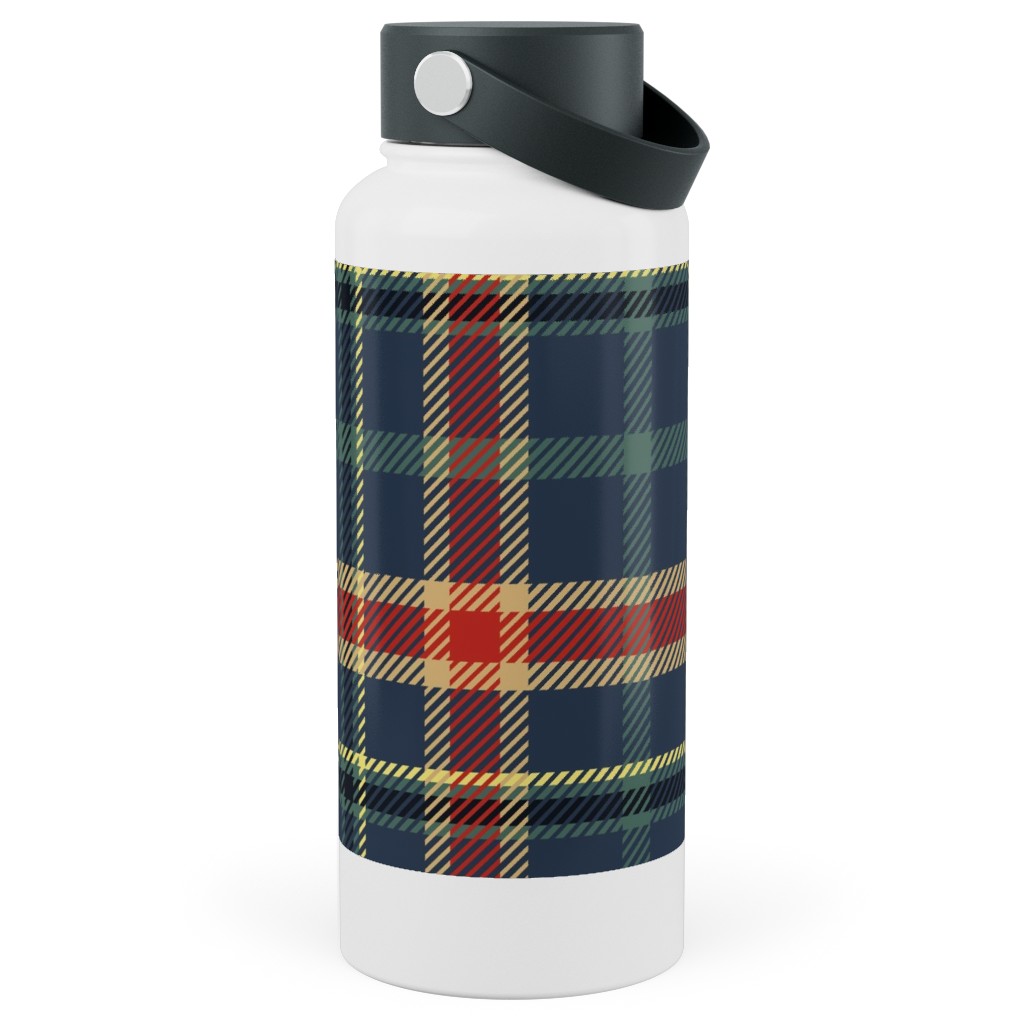Navy Blue and Pine Plaid Stainless Steel Wide Mouth Water Bottle, 30oz, Wide Mouth, Multicolor