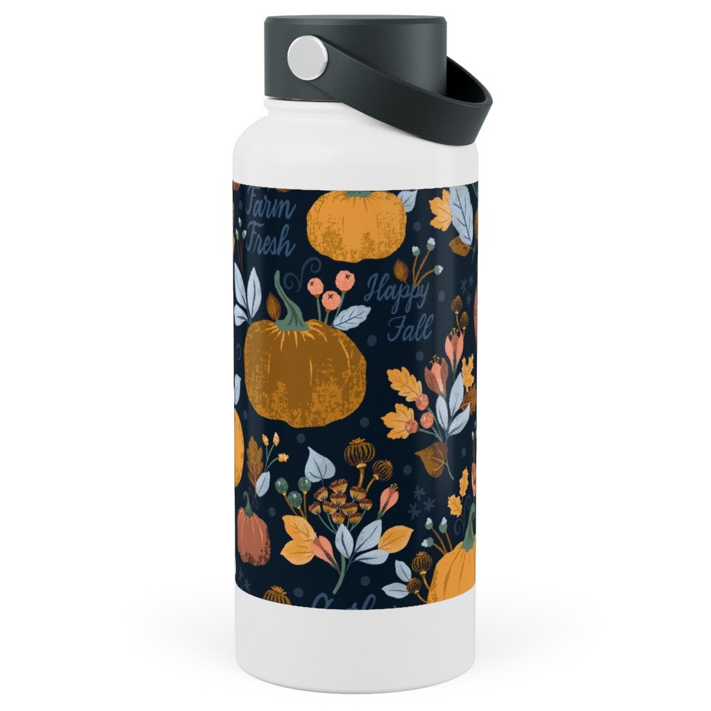 Smaller Scale Elegant Navy Fall Floral - Harvest Gratitude + Cozy Petal Solids Stainless Steel Wide Mouth Water Bottle, 30oz, Wide Mouth, Orange