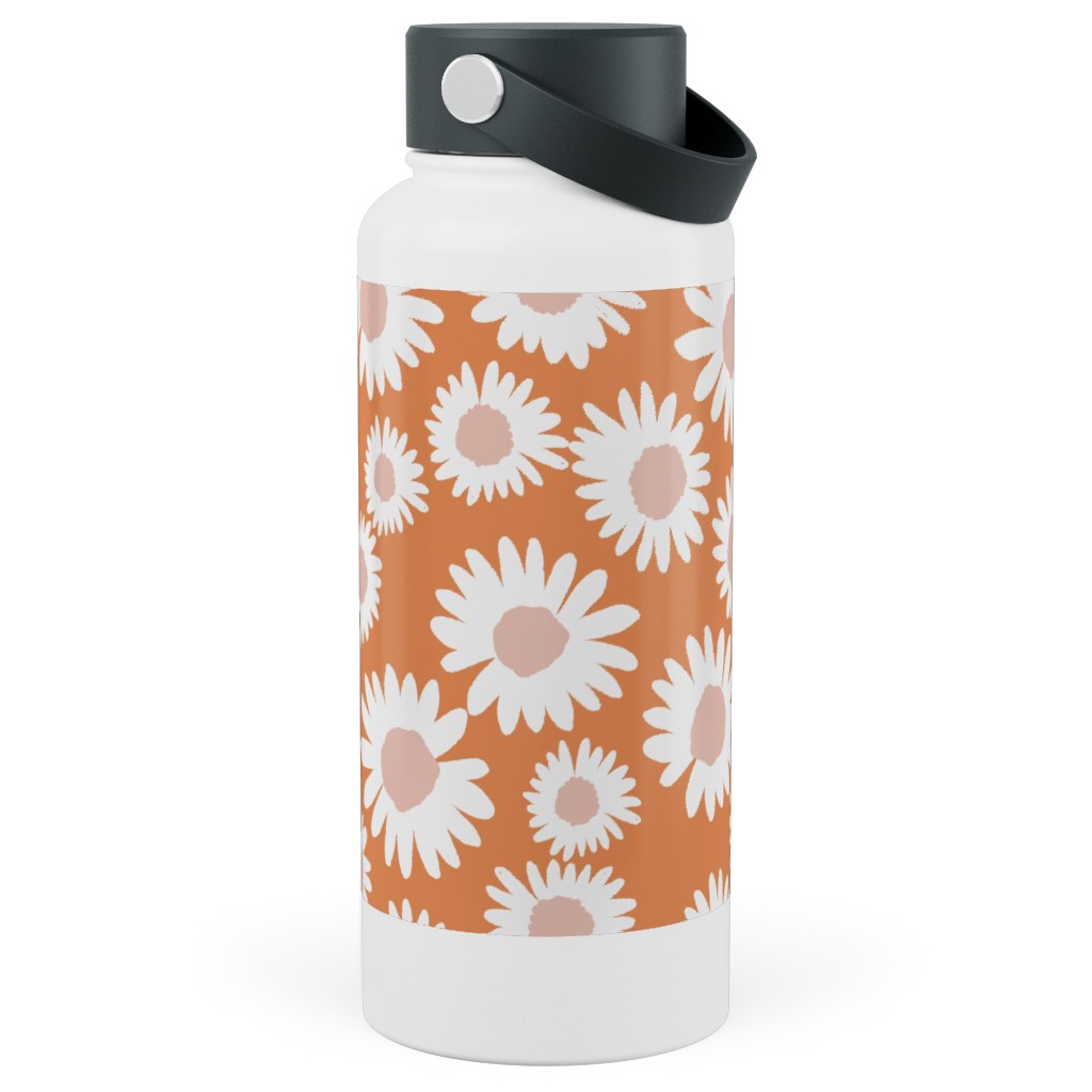 Boho Daisies - Flowers - Muted Orange and Blush Stainless Steel Wide Mouth Water Bottle, 30oz, Wide Mouth, Orange, Orange