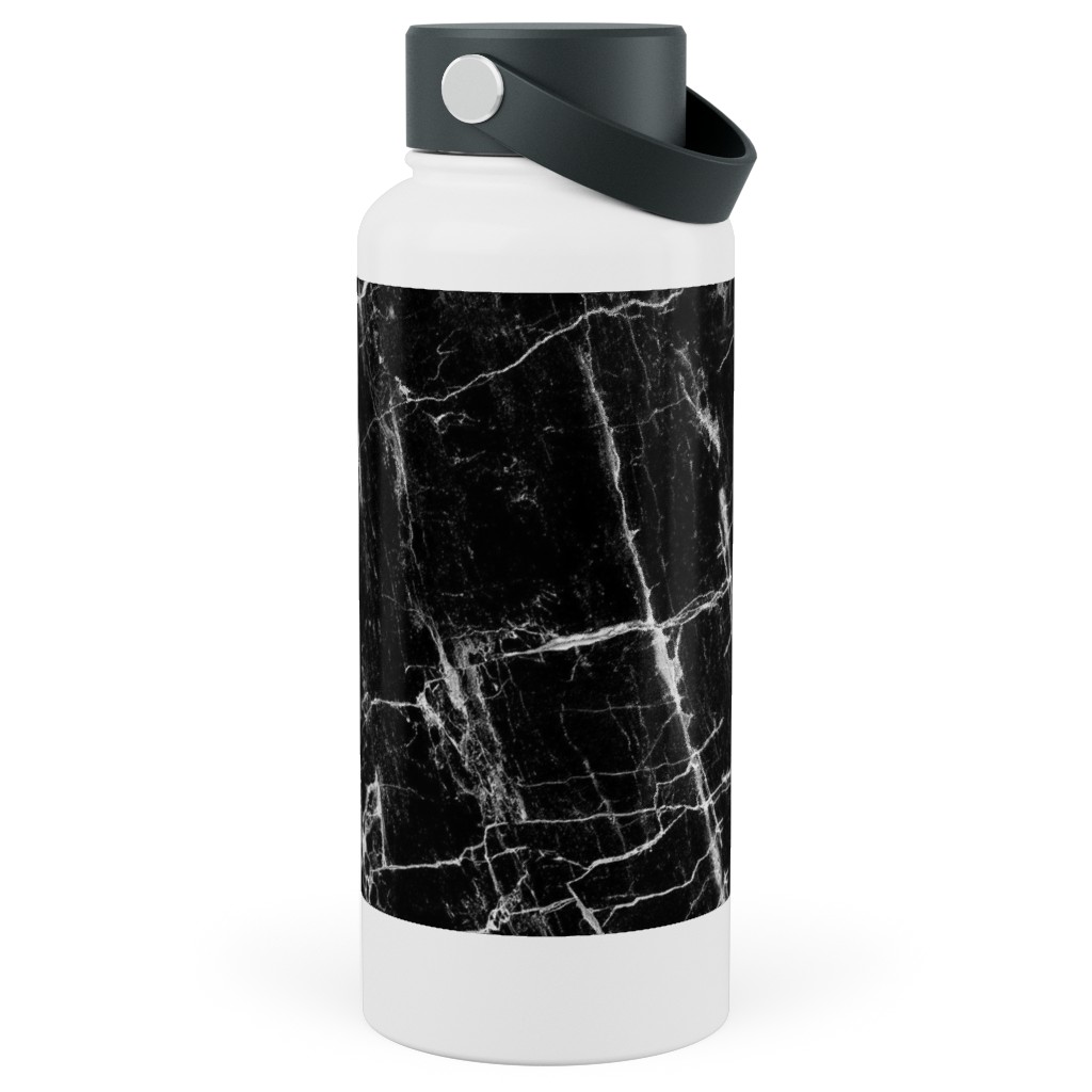 Cracked Black Marble Stainless Steel Wide Mouth Water Bottle, 30oz, Wide Mouth, Black