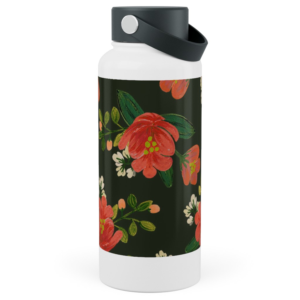 Holiday Floral Stainless Steel Wide Mouth Water Bottle, 30oz, Wide Mouth, Green, Classic Green