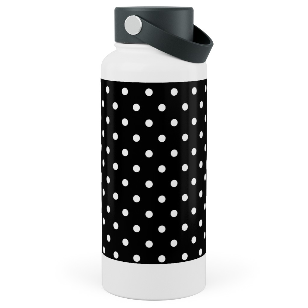 Dotty - White on Black Stainless Steel Wide Mouth Water Bottle, 30oz, Wide Mouth, Black