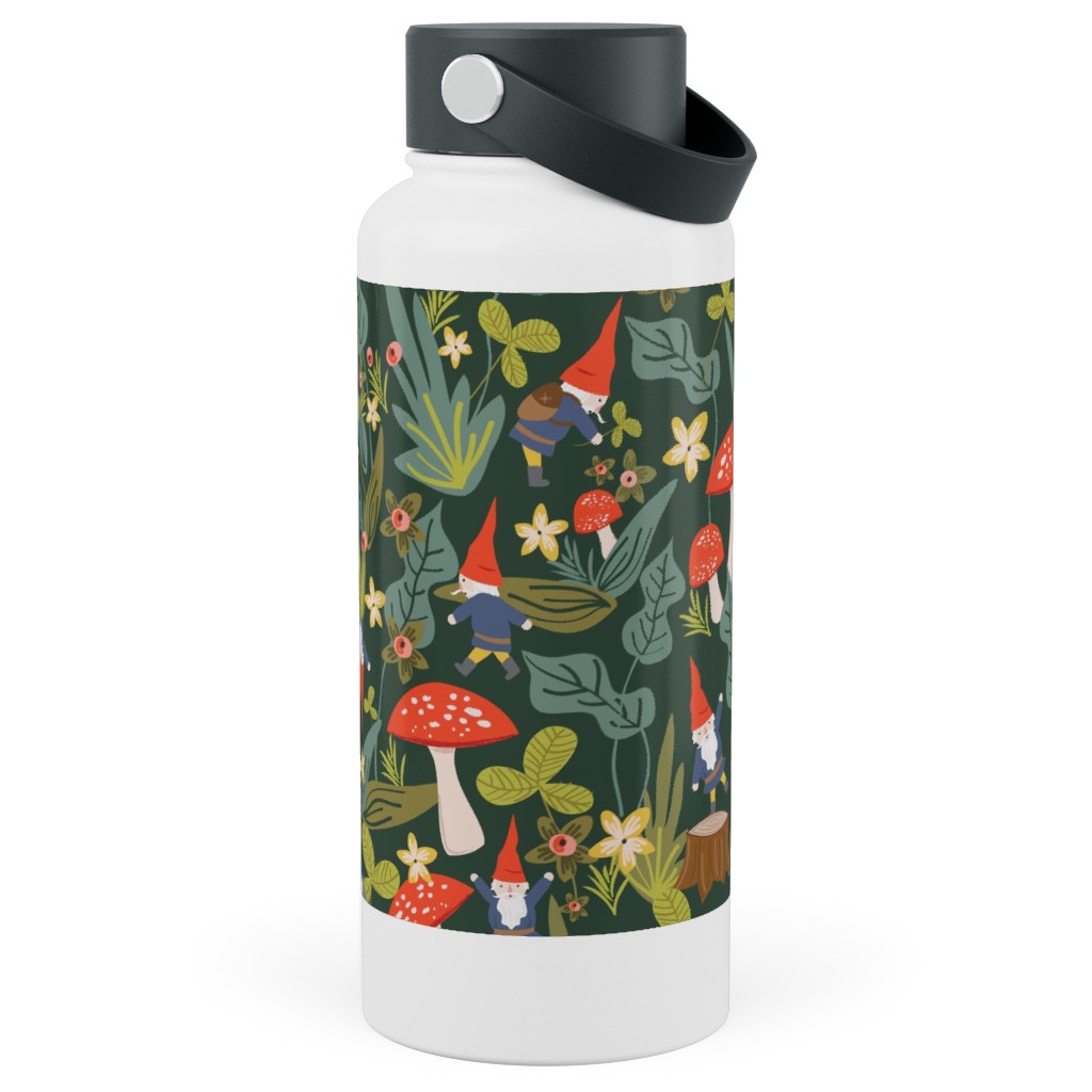 Woodland Gnomes - Green Stainless Steel Wide Mouth Water Bottle, 30oz, Wide Mouth, Green