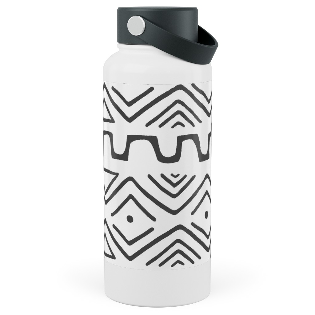 Mud Cloth - White Stainless Steel Wide Mouth Water Bottle, 30oz, Wide Mouth, White