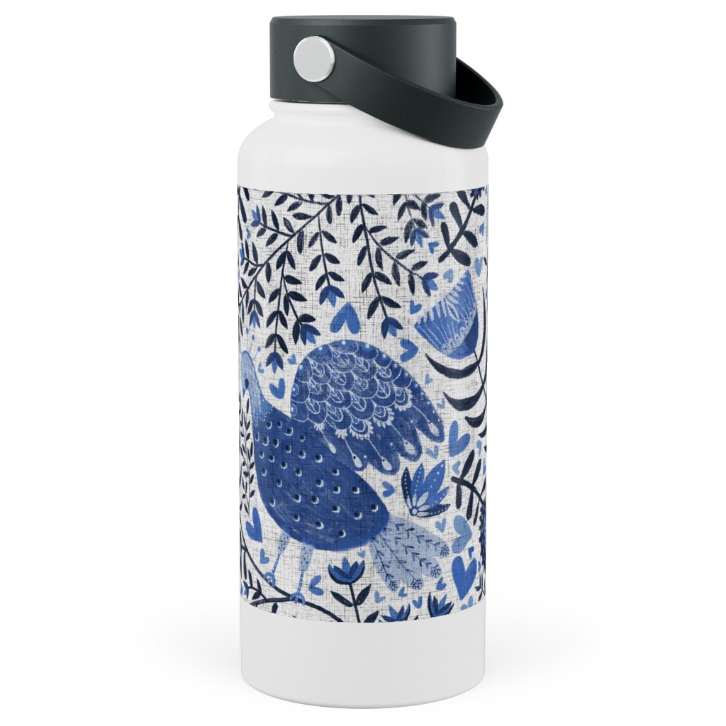 Scandinavian Birds - Indigo Blue Stainless Steel Wide Mouth Water Bottle, 30oz, Wide Mouth, Blue, True Blue
