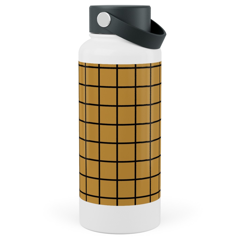 Square Grid Stainless Steel Wide Mouth Water Bottle, 30oz, Wide Mouth, Brown, Golden