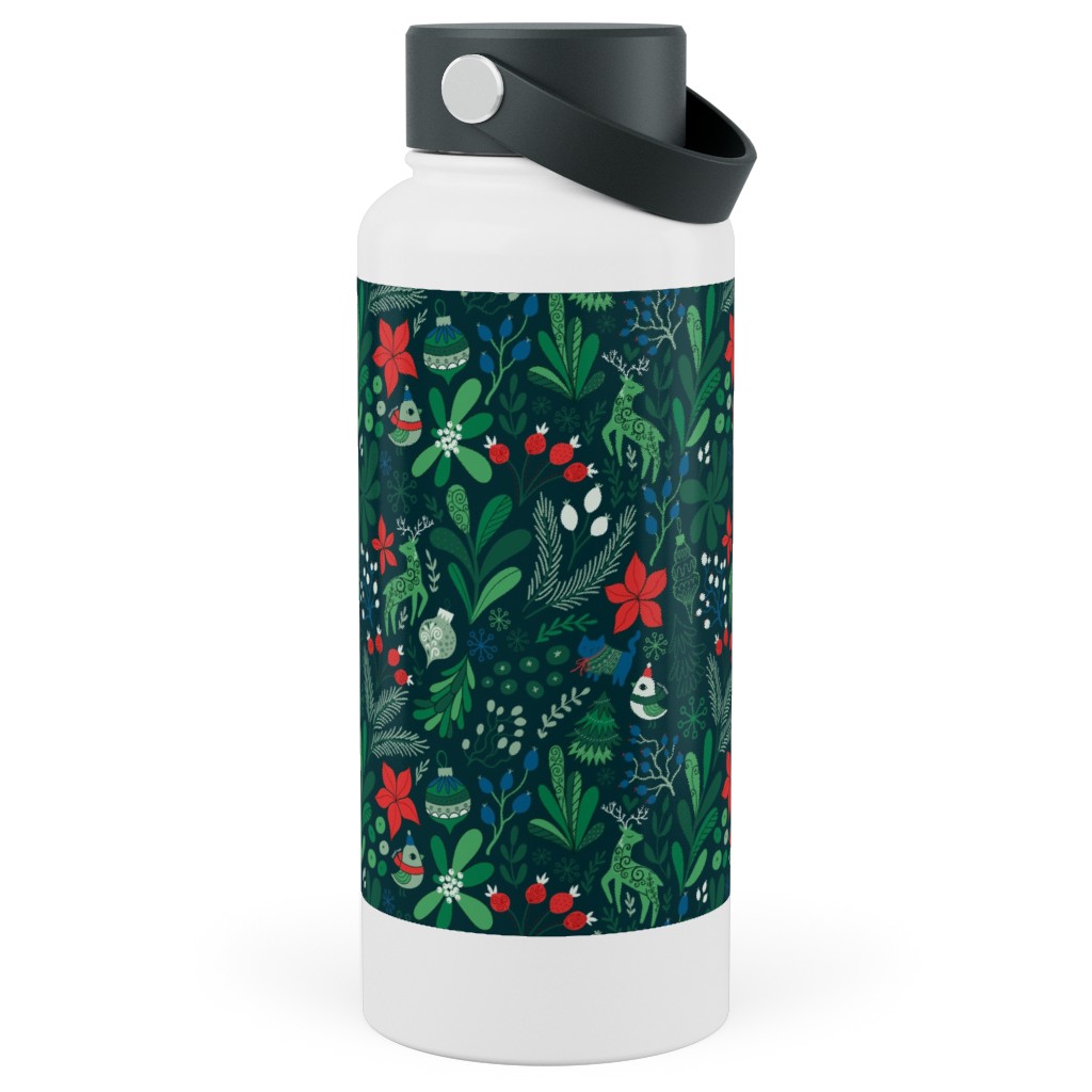 Merry Christmas Floral - Dark Stainless Steel Wide Mouth Water Bottle, 30oz, Wide Mouth, Green