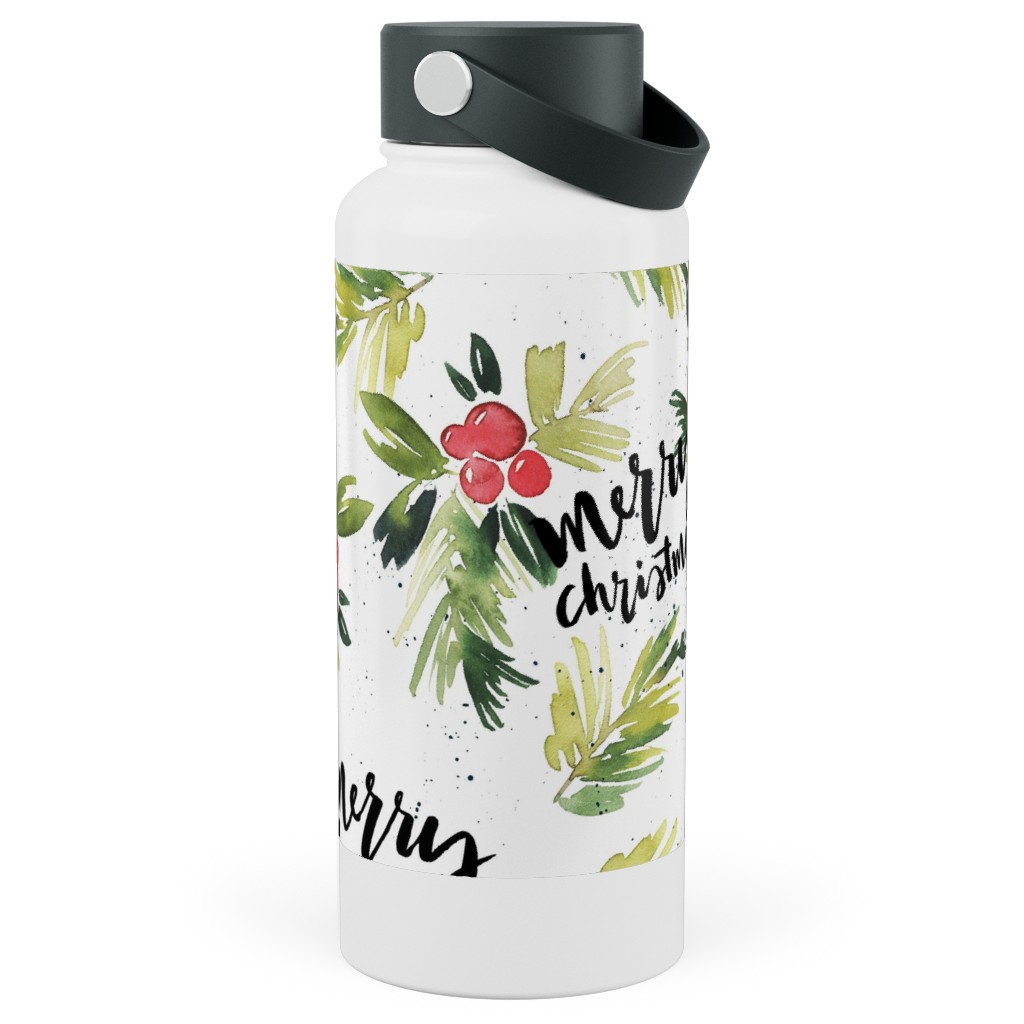 Merry Christmas Red Berry Holly Stainless Steel Wide Mouth Water Bottle, 30oz, Wide Mouth, White