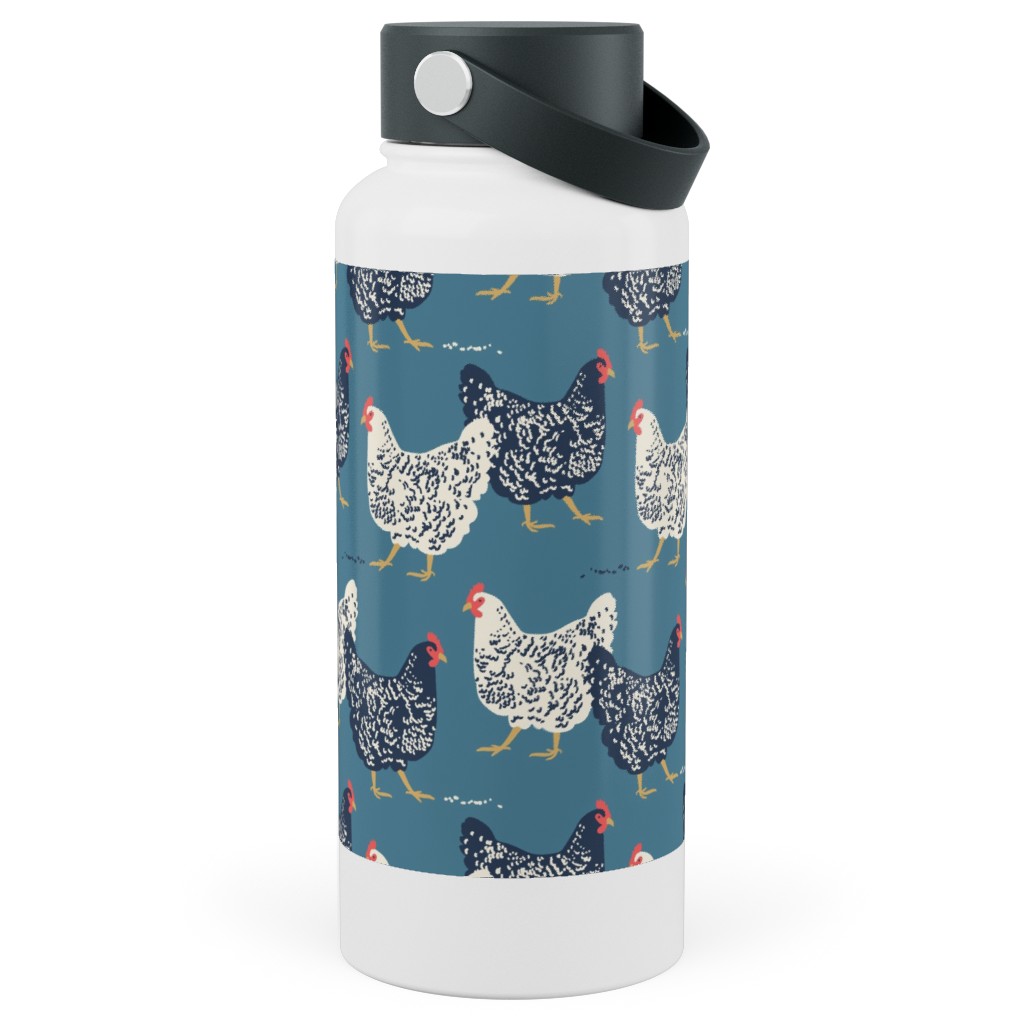 Farmhouse Chickens - Blue Stainless Steel Wide Mouth Water Bottle, 30oz, Wide Mouth, Blue