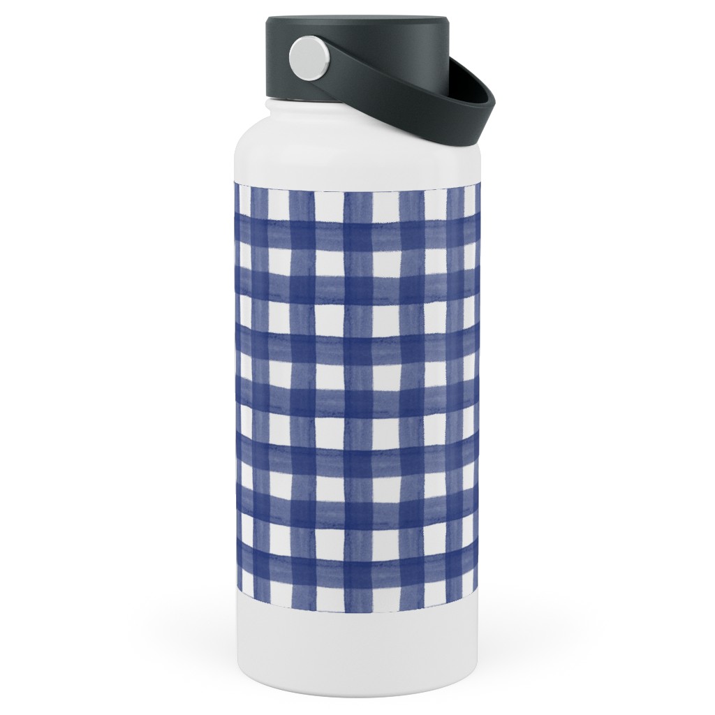 Watercolor Gingham - Navy Blue Stainless Steel Wide Mouth Water Bottle, 30oz, Wide Mouth, Blue