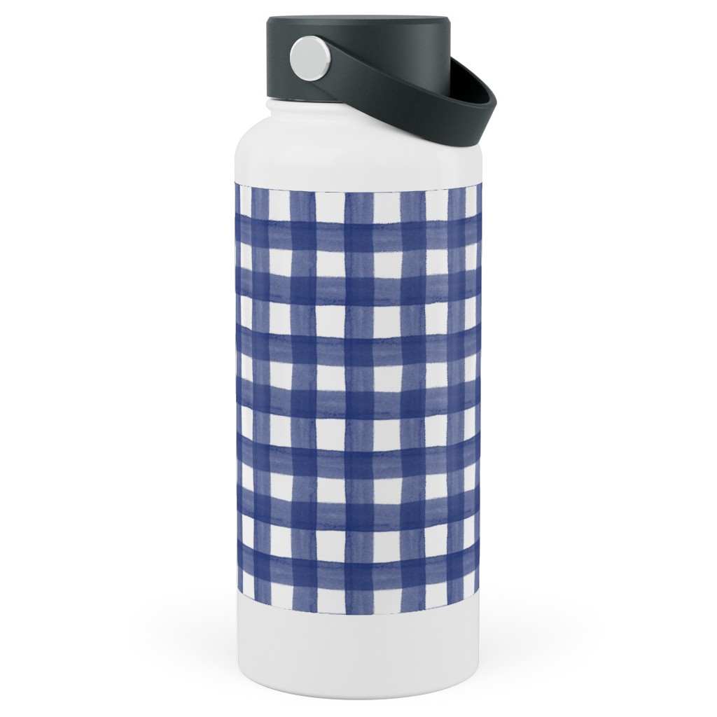 Watercolor Gingham - Navy Blue Stainless Steel Wide Mouth Water Bottle, 30oz, Wide Mouth, Blue, True Blue