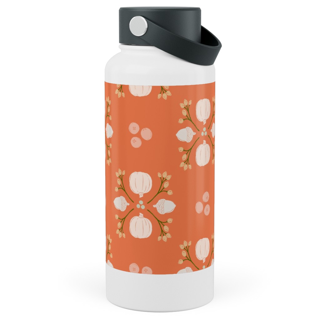 Bright Orange Acorn, Cranberry, & Pumpkin Fall Foliage Damask Stainless Steel Wide Mouth Water Bottle, 30oz, Wide Mouth, Orange