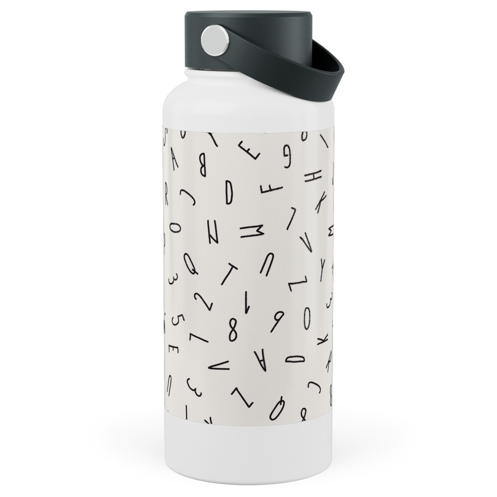 Little Alphabet - Ivory and Black Stainless Steel Wide Mouth Water Bottle, 30oz, Wide Mouth, Beige