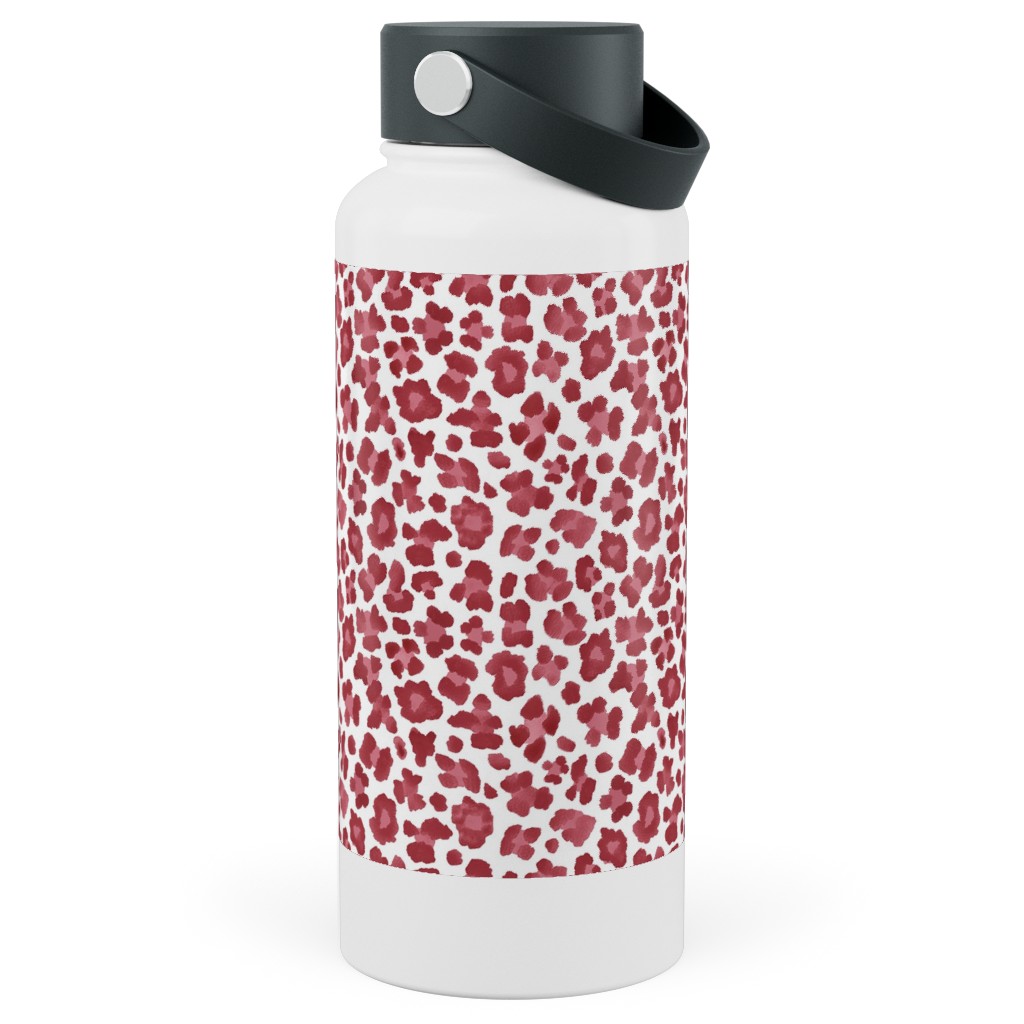 Leopard Pattern Print Stainless Steel Wide Mouth Water Bottle, 30oz, Wide Mouth, Red, Scarlet