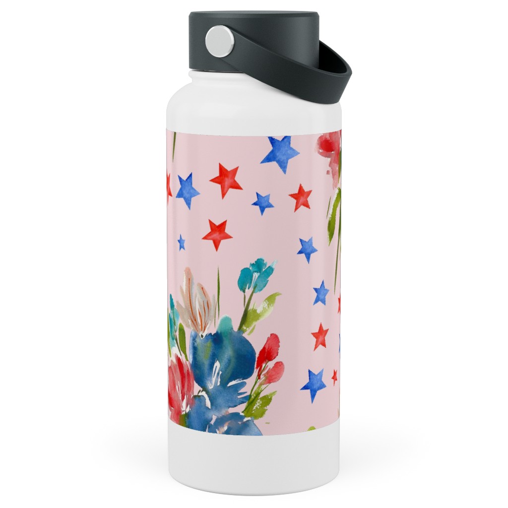 4th of July Florals - Pink Stainless Steel Wide Mouth Water Bottle, 30oz, Wide Mouth, Pink, Bright Pink