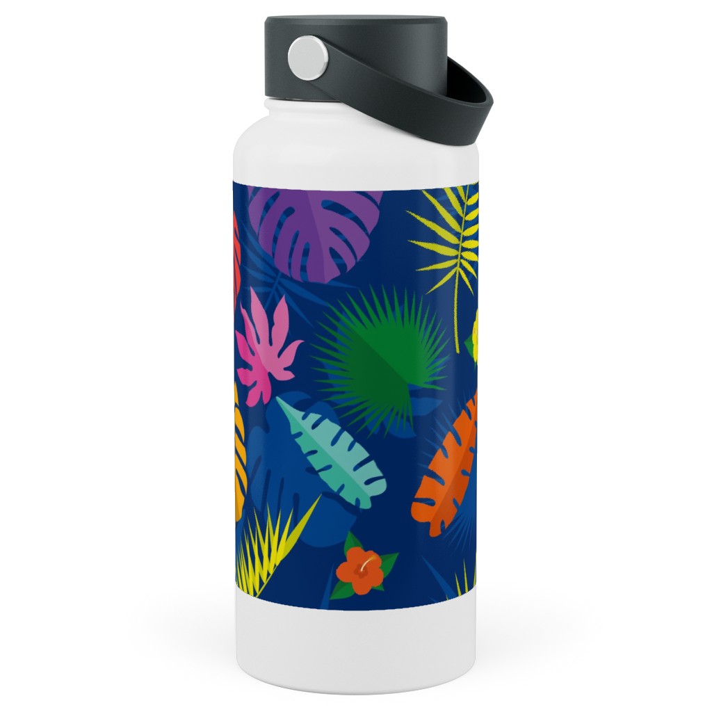 Tropical Leaves - Multi on Blue Stainless Steel Wide Mouth Water Bottle, 30oz, Wide Mouth, Multicolor