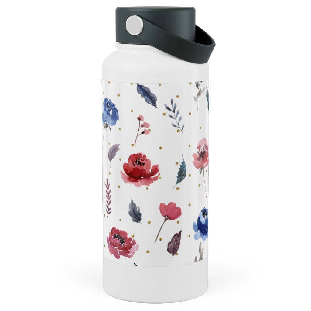 American Glory Flowers With Gold Dots - Multi Stainless Steel Wide Mouth Water Bottle, 30oz, Wide Mouth, Red