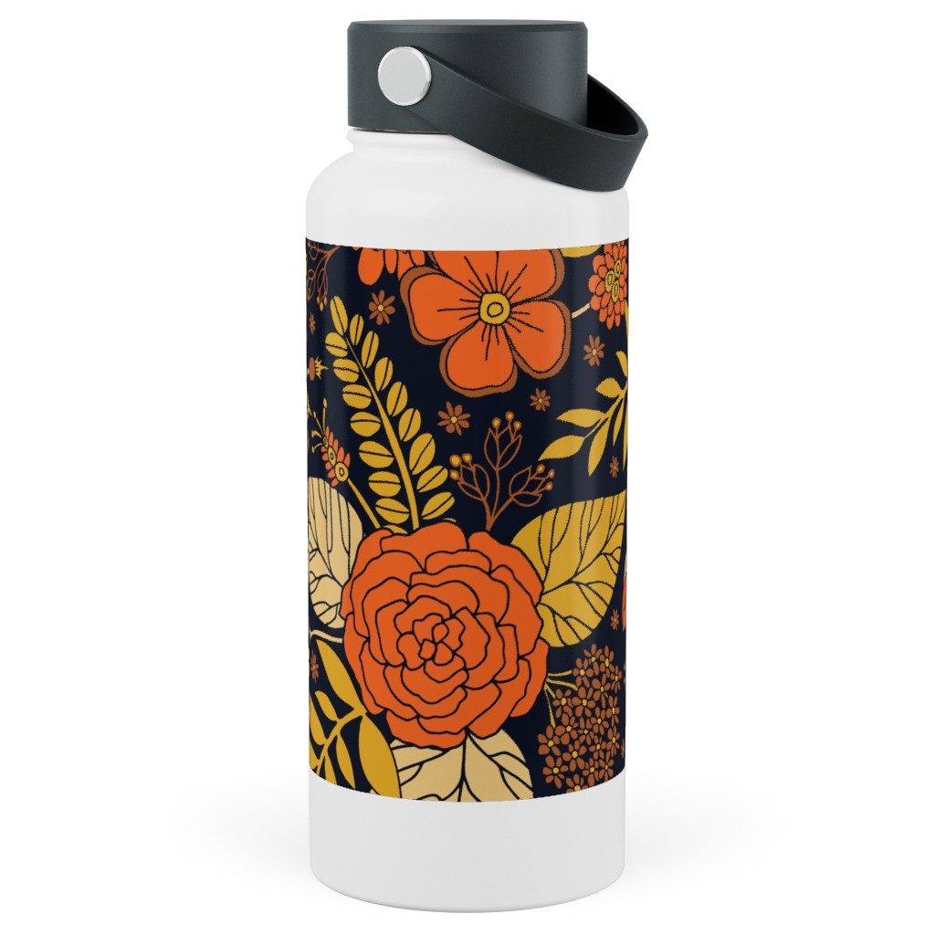 Retro Floral - Orange Brown and Yellow Stainless Steel Wide Mouth Water Bottle, 30oz, Wide Mouth, Orange