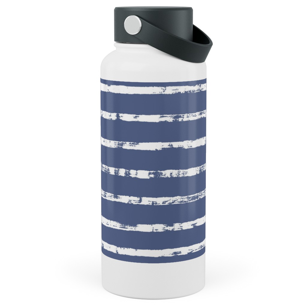 Distressed Dusty Blue and White Stripes Stainless Steel Wide Mouth Water Bottle, 30oz, Wide Mouth, Blue