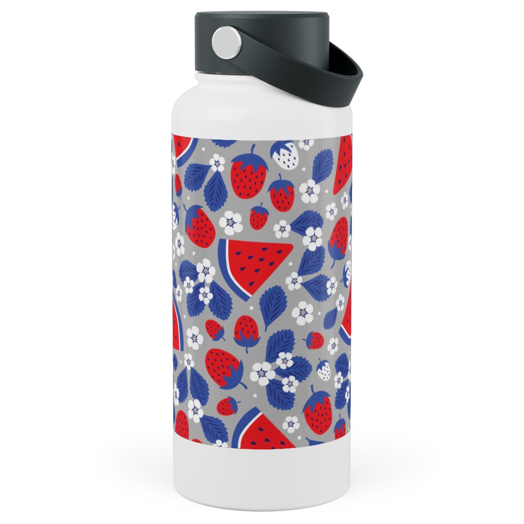 Summer Strawberries and Melons - Red, White and Blue Stainless Steel Wide Mouth Water Bottle, 30oz, Wide Mouth, Multicolor