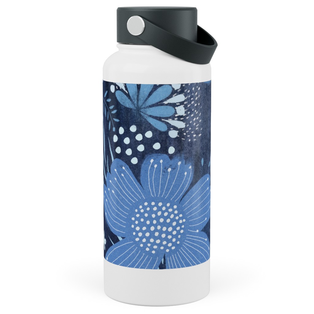 Shibori Flower Abundance - Blue Stainless Steel Wide Mouth Water Bottle, 30oz, Wide Mouth, Blue