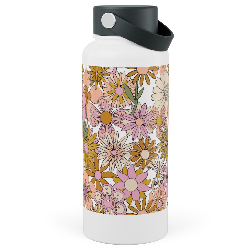 Chelsea Vintage Floral Garden - Pink Stainless Steel Wide Mouth Water Bottle, 30oz, Wide Mouth, Pink