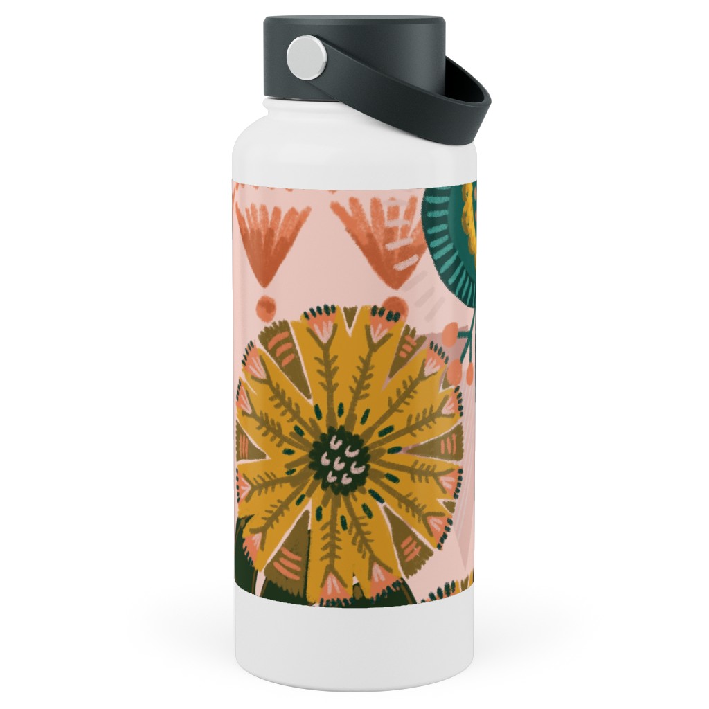 Boho Tropical - Floral - Pink Stainless Steel Wide Mouth Water Bottle, 30oz, Wide Mouth, Multicolor