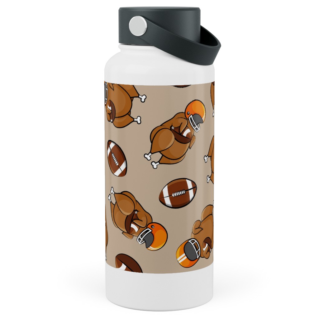 Football Turkey With Helmet and Football - Orange on Tan Stainless Steel Wide Mouth Water Bottle, 30oz, Wide Mouth, Beige, Pearl