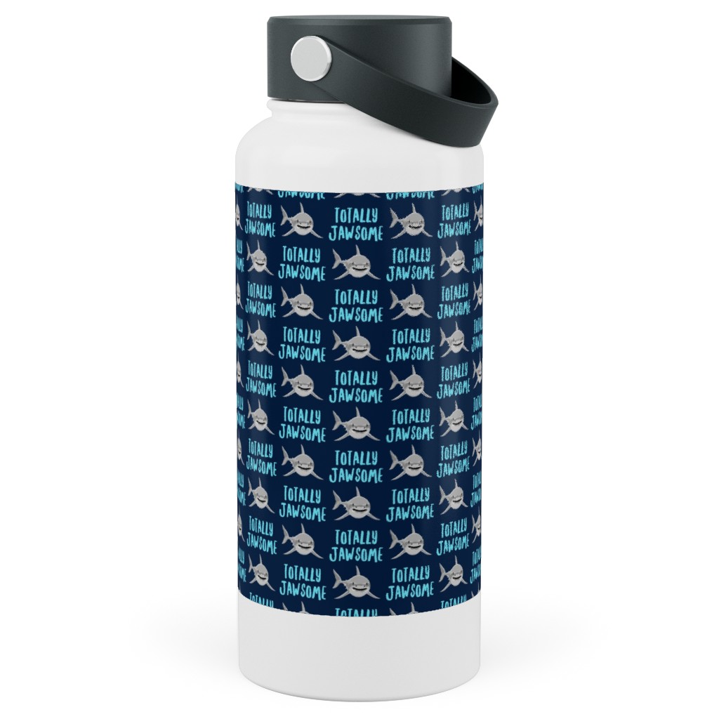 Totally Jawsome - Sharks! - Navy Stainless Steel Wide Mouth Water Bottle, 30oz, Wide Mouth, Blue