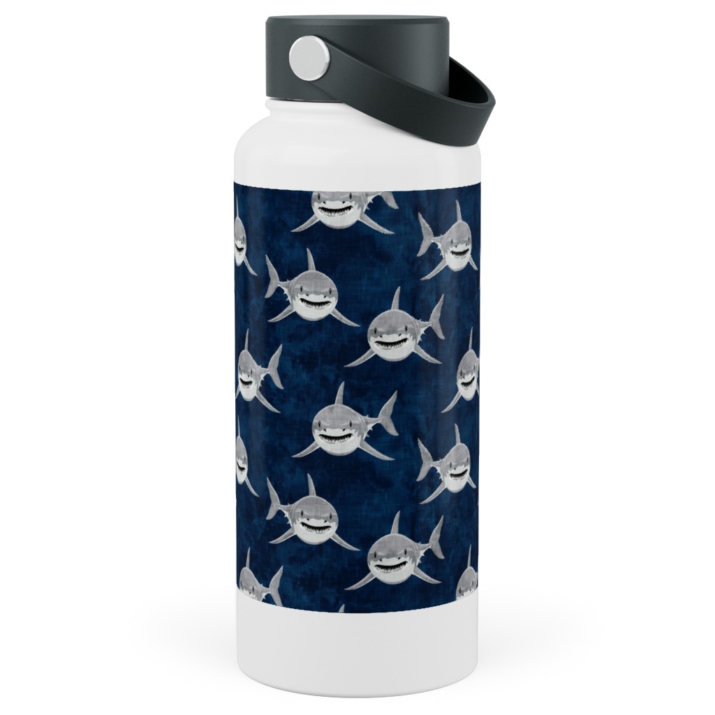 Great White Sharks - Blue Stainless Steel Wide Mouth Water Bottle, 30oz, Wide Mouth, Blue