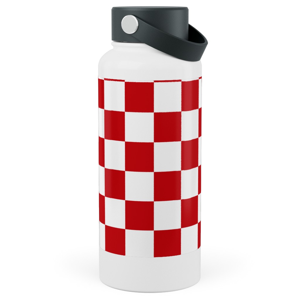 Checkerboard - Red and White Stainless Steel Wide Mouth Water Bottle, 30oz, Wide Mouth, Red, Red