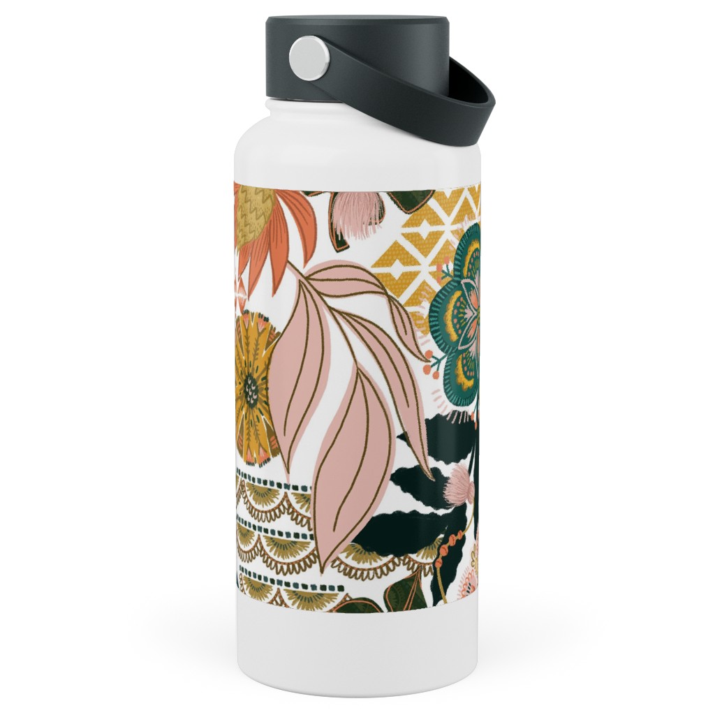 Boho Tropical - Floral - Multi Light Stainless Steel Wide Mouth Water Bottle, 30oz, Wide Mouth, Multicolor