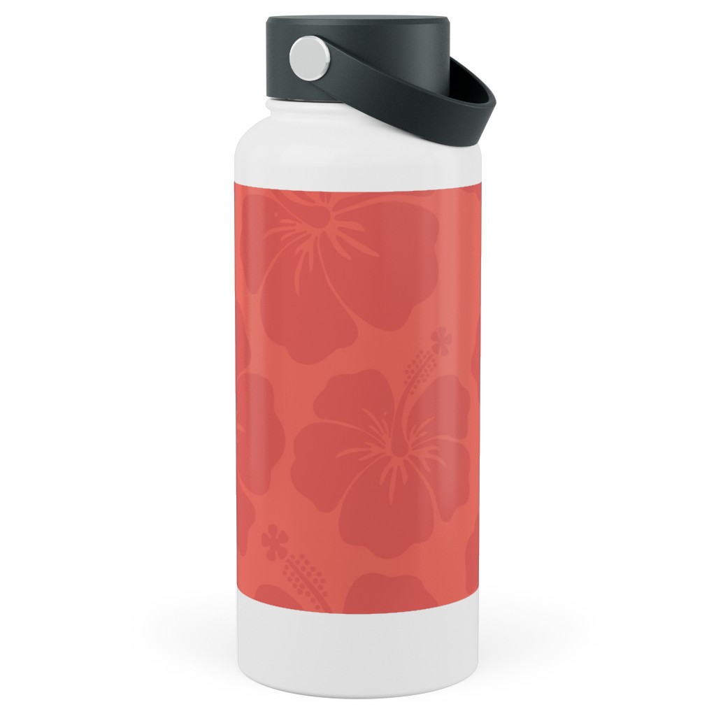 Hibiscus Florals - Coral and Red Stainless Steel Wide Mouth Water Bottle, 30oz, Wide Mouth, Pink, Bright Pink