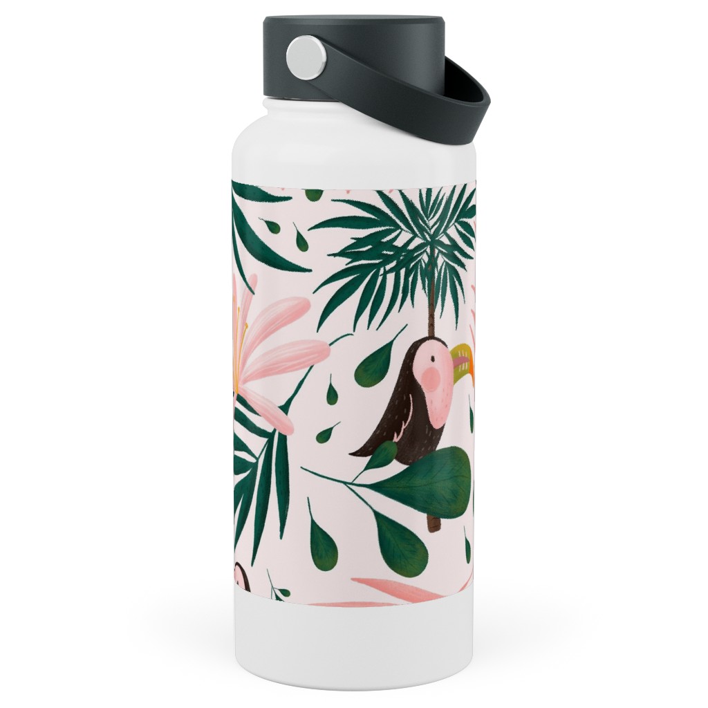 Jungle Pattern - Pink Stainless Steel Wide Mouth Water Bottle, 30oz, Wide Mouth, Pink, Bright Pink