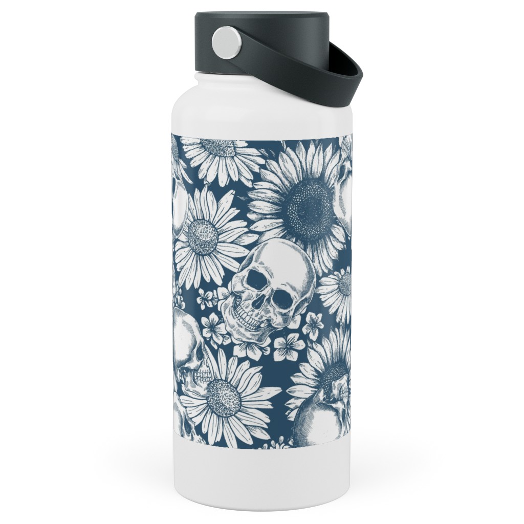 Floral Skull - Blue Stainless Steel Wide Mouth Water Bottle, 30oz, Wide Mouth, Blue, True Blue