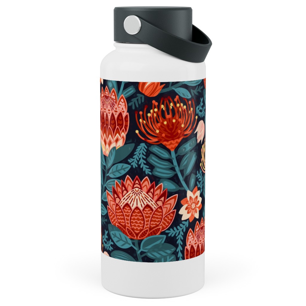 Protea Chintz - Navy Stainless Steel Wide Mouth Water Bottle, 30oz, Wide Mouth, Multicolor