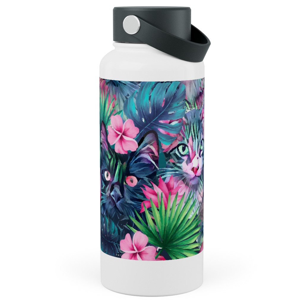 Summer Floral Cats - Multi Stainless Steel Wide Mouth Water Bottle, 30oz, Wide Mouth, Multicolor