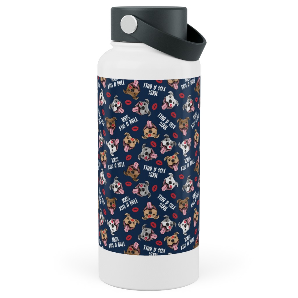 100% Kiss a Bull - Cute Pit Bull Dog - Red and Blue Stainless Steel Wide Mouth Water Bottle, 30oz, Wide Mouth, Blue